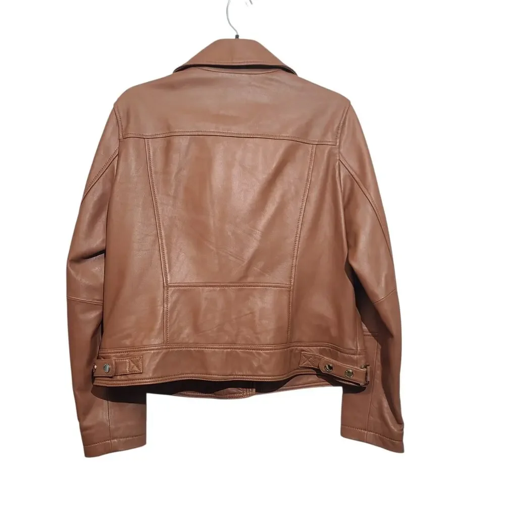 MICHAEL Michael Kors Cognac Leather Moto Jacket Asymmetric Zip Biker Coat L XL